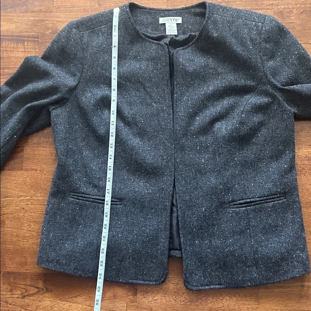 Orvis women’s tailored fitted no button charcoal gray wool blend blazer size 14‍